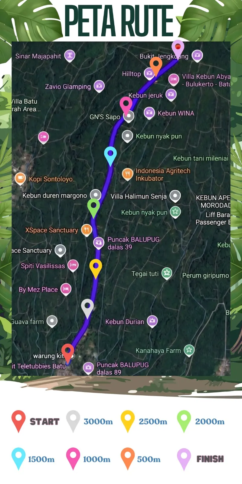 Peta rute Bukit Jengkoang dengan penanda START, 3000 meter, 2500 meter, 2000 meter, 1500 meter, 1000 meter, 500 meter dan FINISH
